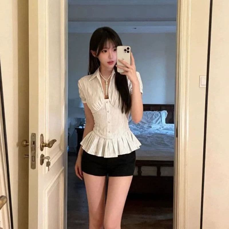 광저우 원본 품질 스트라이프 허리 수축 프릴 폴로 칼라 반팔 여성 셔츠 여름 뒤로 스트랩 맨위
