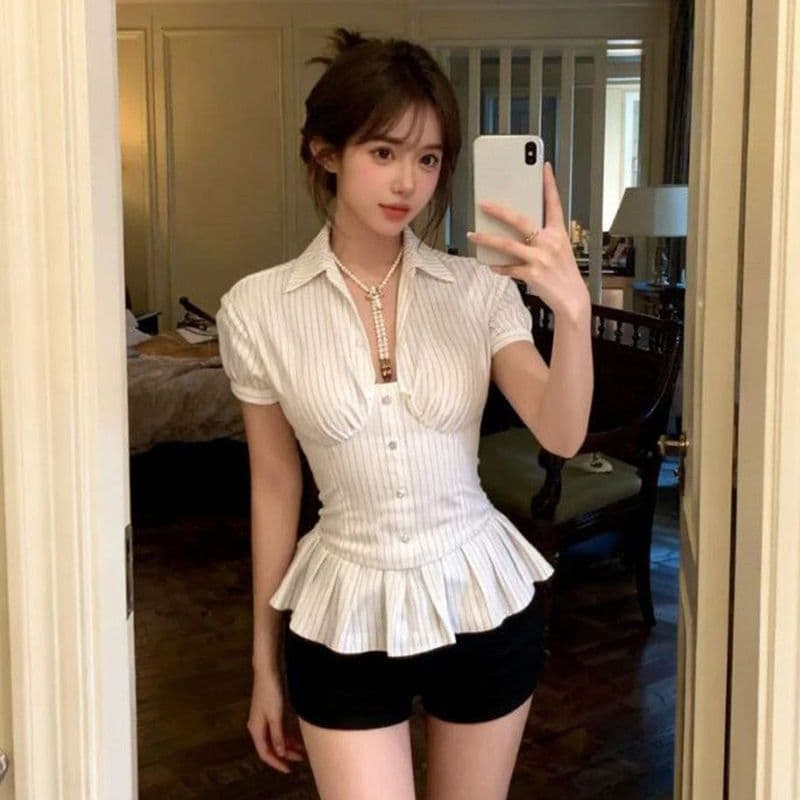 광저우 원본 품질 스트라이프 허리 수축 프릴 폴로 칼라 반팔 여성 셔츠 여름 뒤로 스트랩 맨위 상세 이미지 6