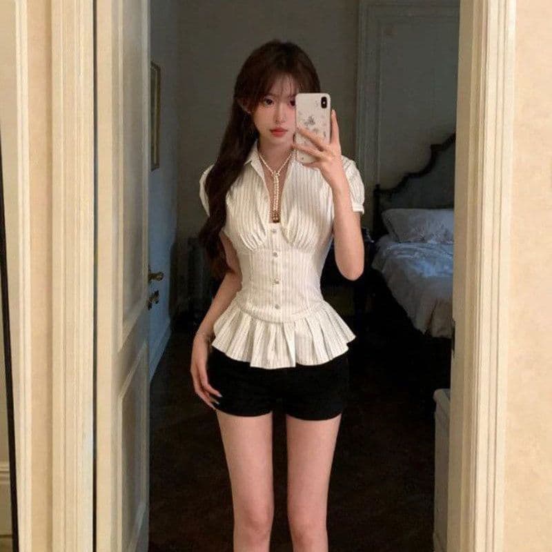 광저우 원본 품질 스트라이프 허리 수축 프릴 폴로 칼라 반팔 여성 셔츠 여름 뒤로 스트랩 맨위 상세 이미지 7