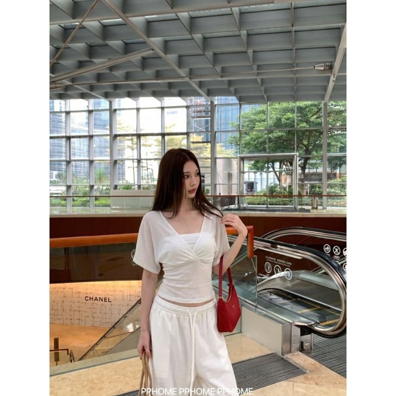 와 사고 방식 순수한 욕망 바람 디자인 센스 허리 수축 슬림해 보이는 품격 티셔츠 여성 연령 감소 다용도 맨위 이미지 5