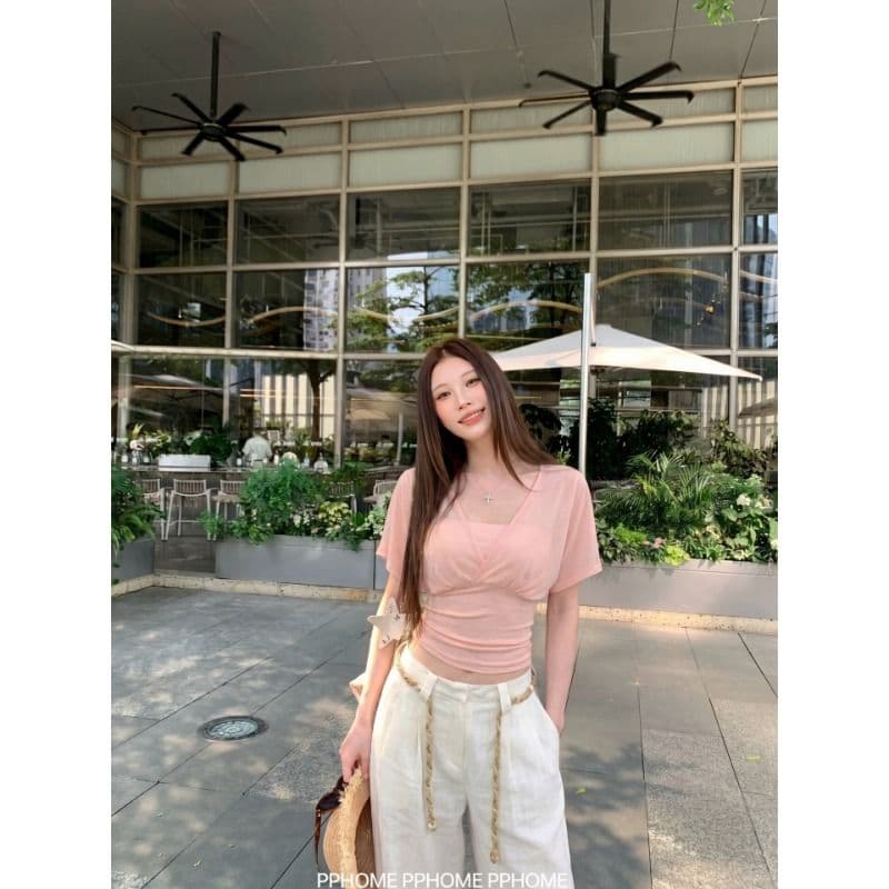 와 사고 방식 순수한 욕망 바람 디자인 센스 허리 수축 슬림해 보이는 품격 티셔츠 여성 연령 감소 다용도 맨위 이미지 3