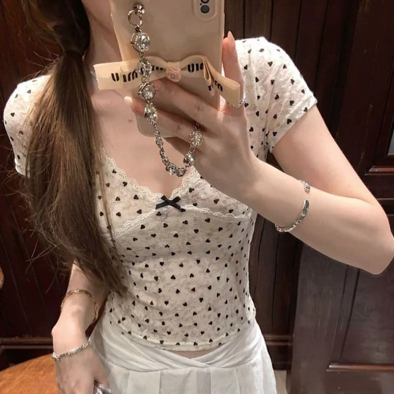 원본 실버 라인 홀치기 염색 하트 식물 플러시 여름 새로운 V넥 도트 무늬 몸매 가꾸기 슬림해 보이는 아름다운 맨위
