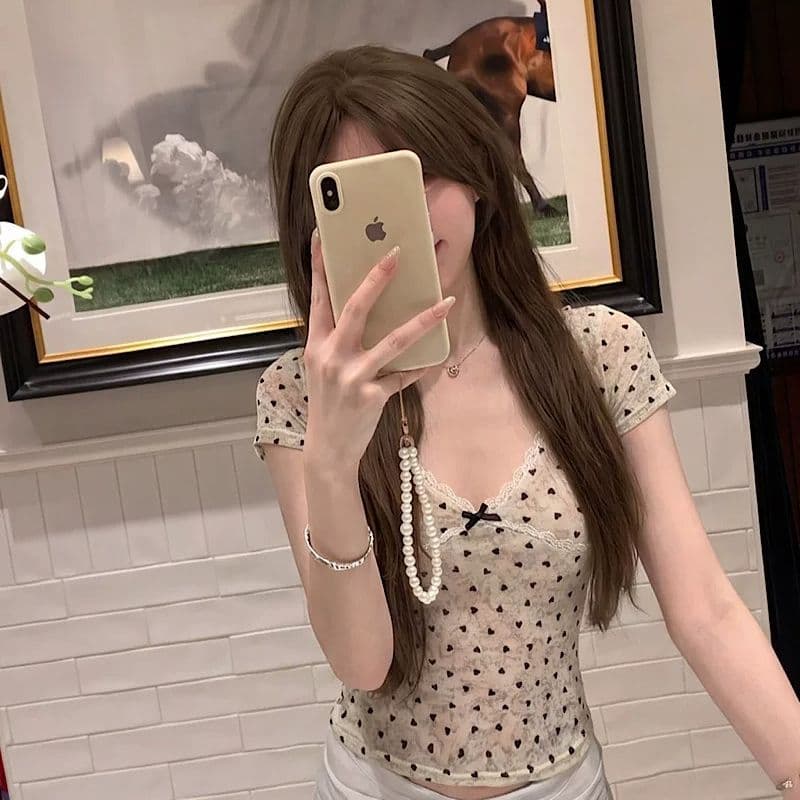 원본 실버 라인 홀치기 염색 하트 식물 플러시 여름 새로운 V넥 도트 무늬 몸매 가꾸기 슬림해 보이는 아름다운 맨위 이미지 2