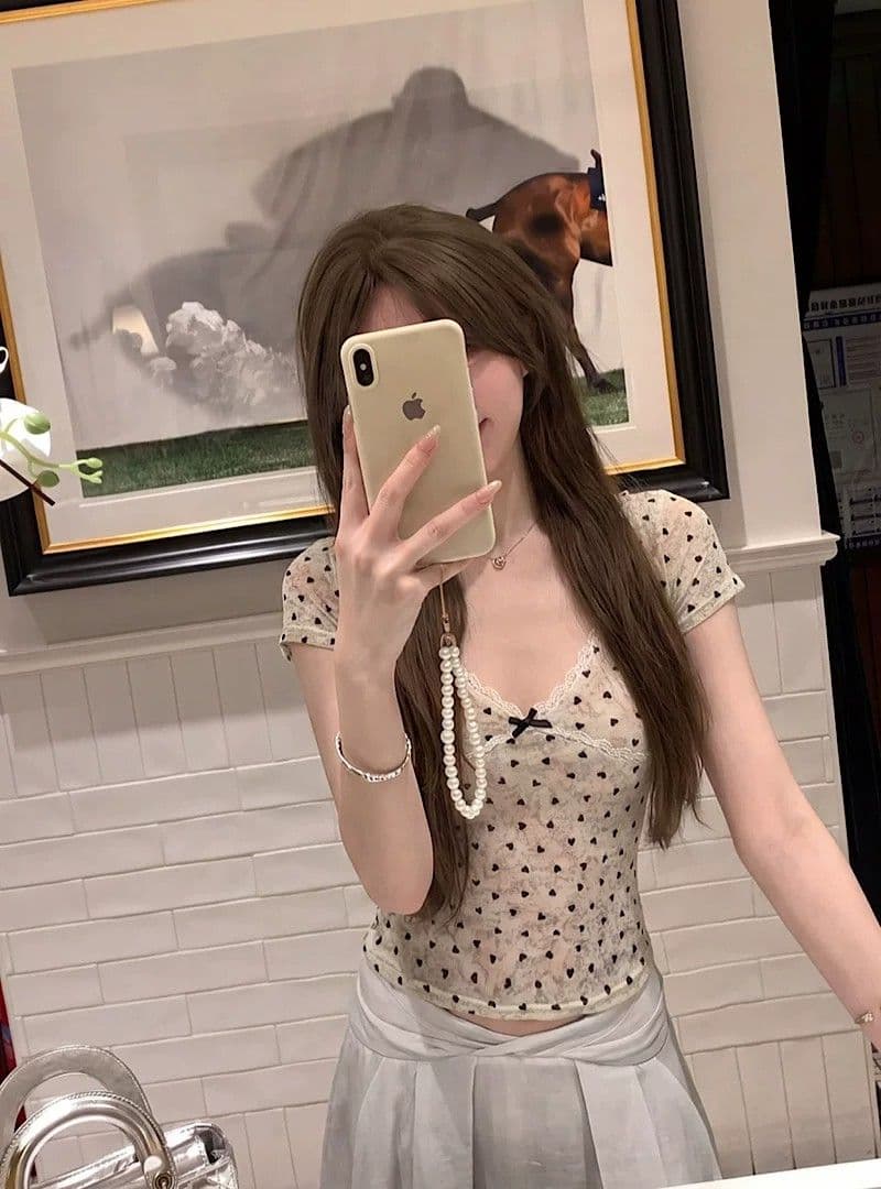 원본 실버 라인 홀치기 염색 하트 식물 플러시 여름 새로운 V넥 도트 무늬 몸매 가꾸기 슬림해 보이는 아름다운 맨위 상세 이미지 4