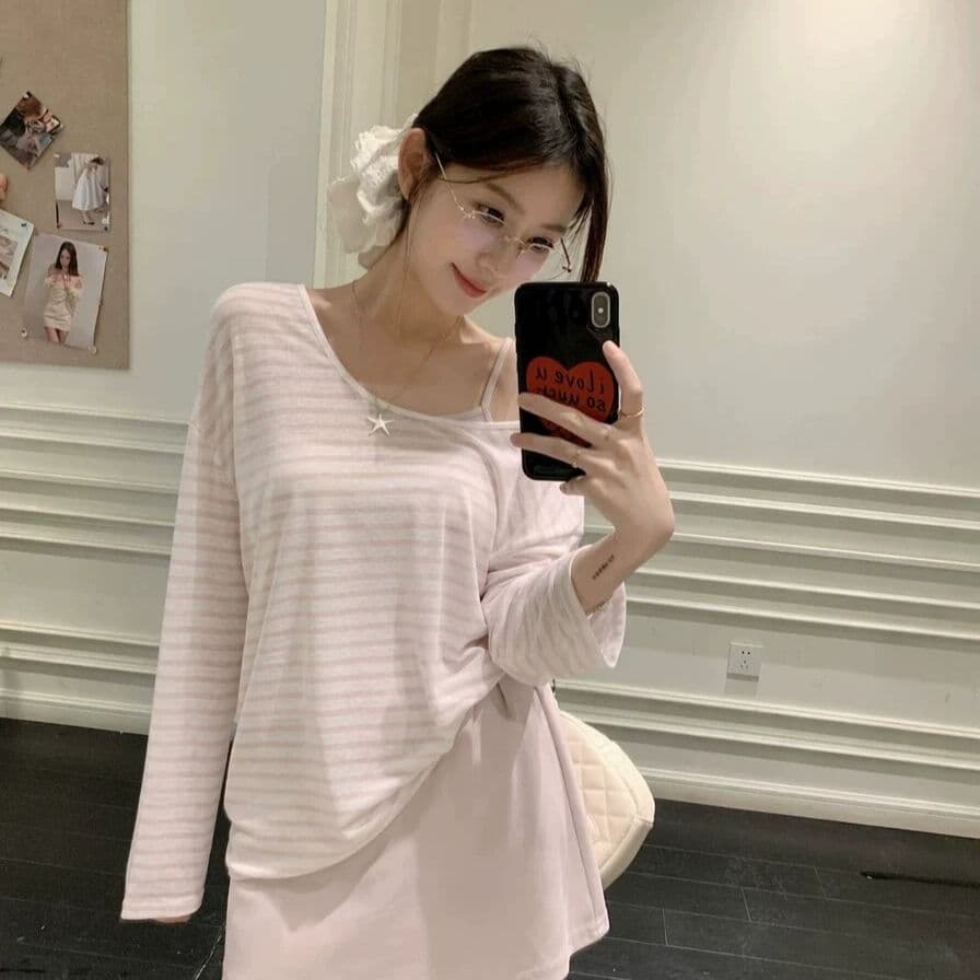 라이 경기 서울 주간 실크 눈꽃 여름 새로운 다용도 루즈핏 느긋한 비스듬한 어깨 긴팔 티셔츠 자외선 차단 맨위 이미지 2