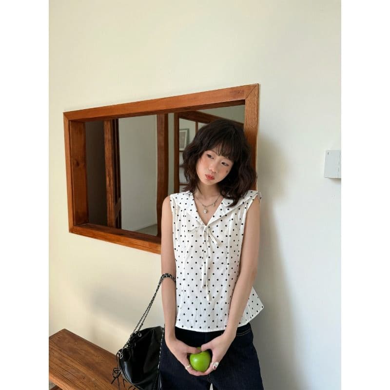 해군 칼라 도트 무늬 몸매 가꾸기 작은 셔츠 조끼 외출용 여름 한 부서 달콤함 품격 슬림해 보이는 민소매 작은 맨위 이미지 2