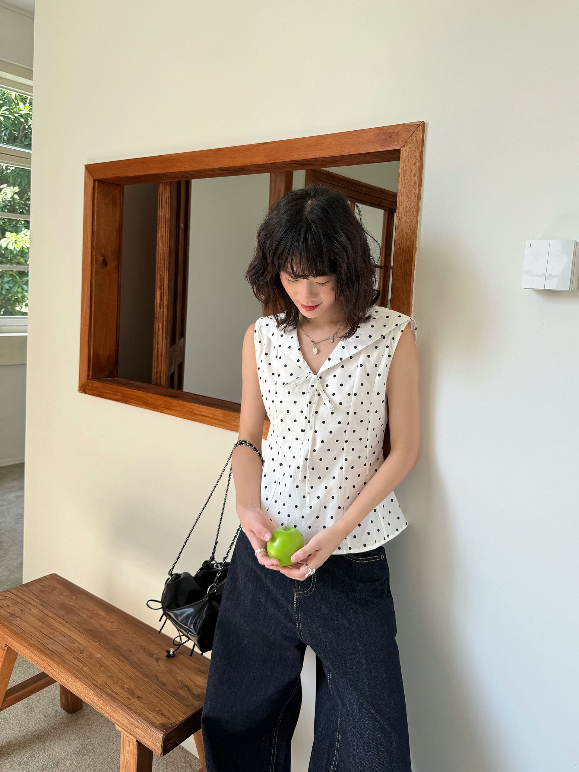 해군 칼라 도트 무늬 몸매 가꾸기 작은 셔츠 조끼 외출용 여름 한 부서 달콤함 품격 슬림해 보이는 민소매 작은 맨위 상세 이미지 8