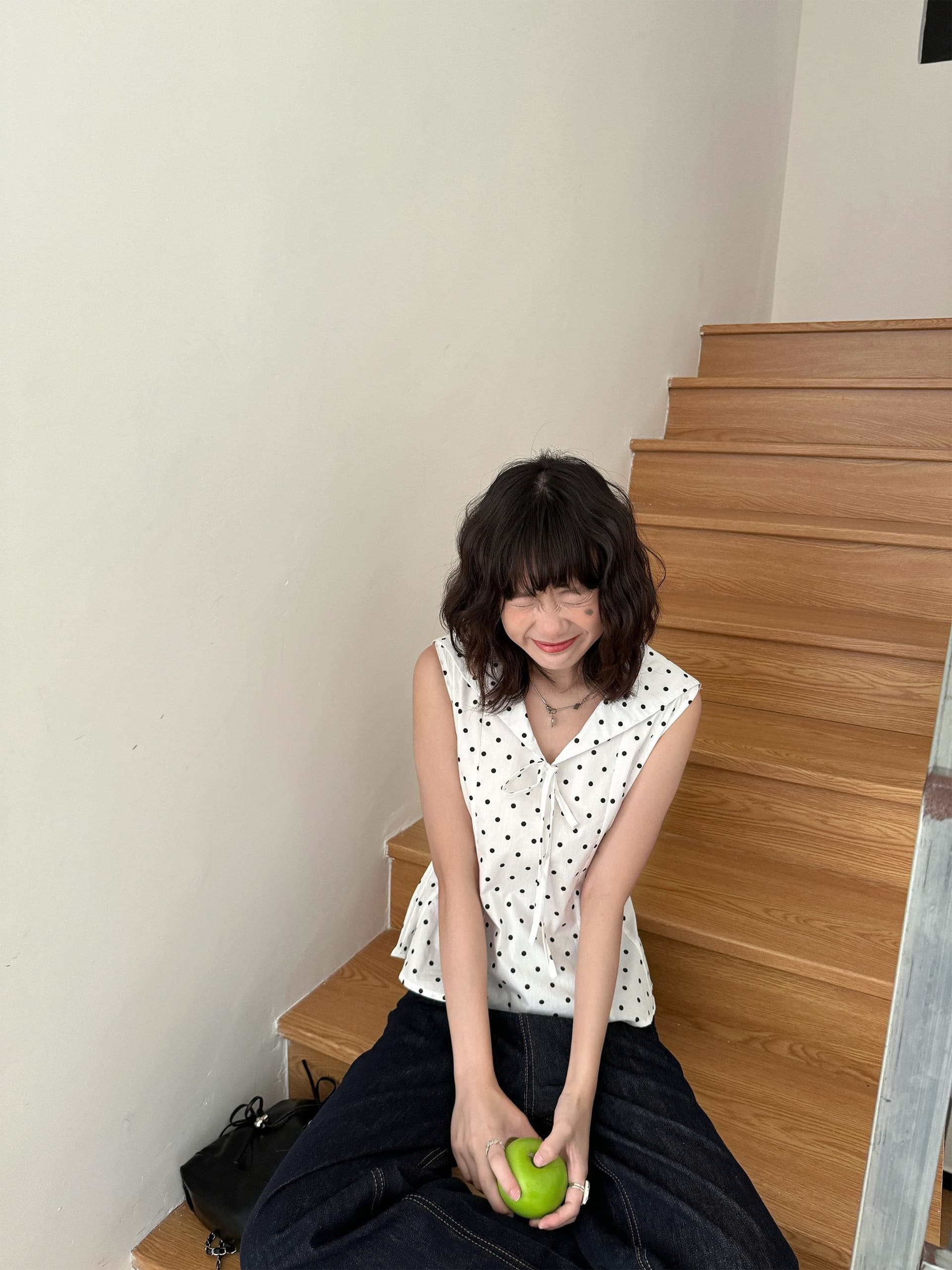 해군 칼라 도트 무늬 몸매 가꾸기 작은 셔츠 조끼 외출용 여름 한 부서 달콤함 품격 슬림해 보이는 민소매 작은 맨위 상세 이미지 11