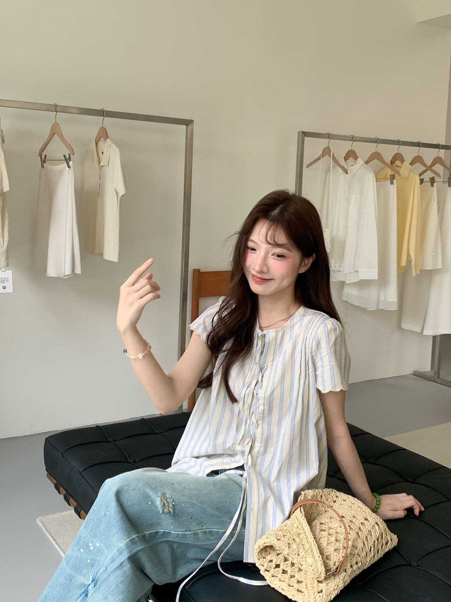 원본 셔틀 제직 기사 한 부서 아름다운 스트라이프 반팔 여성 셔츠 여름 고유 한 아름다운 레이스업 작은 셔츠 상세 이미지 21
