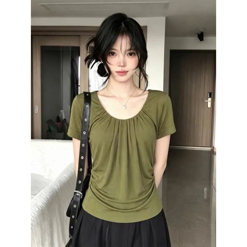원본 원단 것 한 부서 주름 u 칼라 반팔 티셔츠 수신 Pleat 핫걸 몸매 가꾸기 슬림해 보이는 맨위 여성 이미지 3