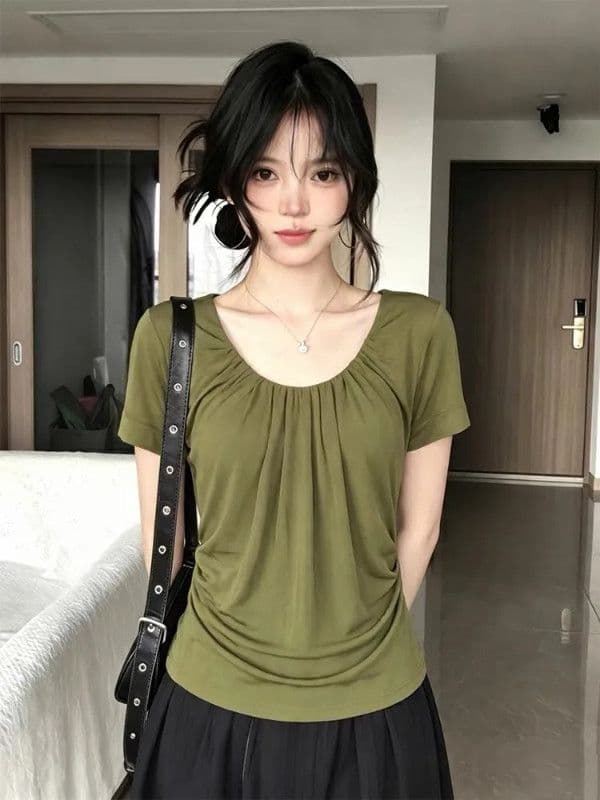 원본 원단 것 한 부서 주름 u 칼라 반팔 티셔츠 수신 Pleat 핫걸 몸매 가꾸기 슬림해 보이는 맨위 여성 상세 이미지 4