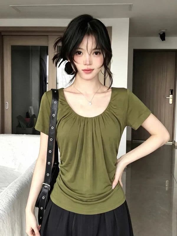 원본 원단 것 한 부서 주름 u 칼라 반팔 티셔츠 수신 Pleat 핫걸 몸매 가꾸기 슬림해 보이는 맨위 여성 상세 이미지 6