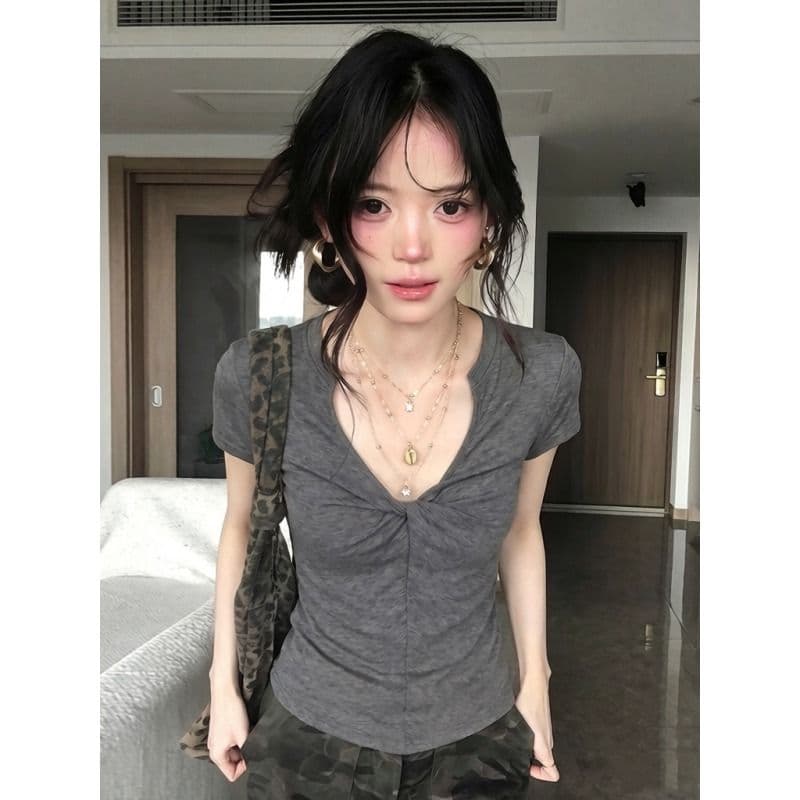 원본 원단 것 회색 V넥 비틀림 긍정적 인 어깨 반팔 티셔츠 여성 여름 핫걸 작은 맨위 이미지 4
