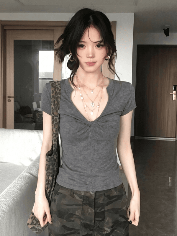 원본 원단 것 회색 V넥 비틀림 긍정적 인 어깨 반팔 티셔츠 여성 여름 핫걸 작은 맨위 상세 이미지 2