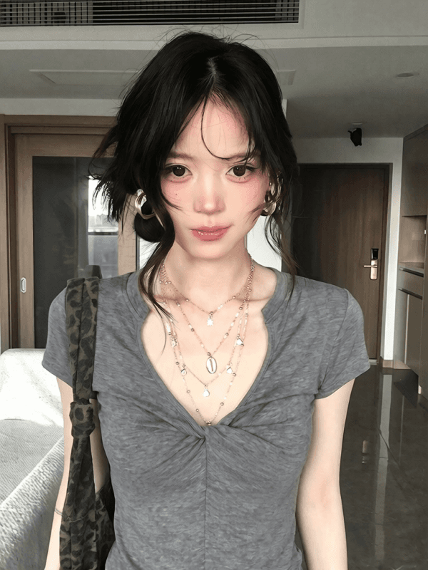 원본 원단 것 회색 V넥 비틀림 긍정적 인 어깨 반팔 티셔츠 여성 여름 핫걸 작은 맨위 상세 이미지 6