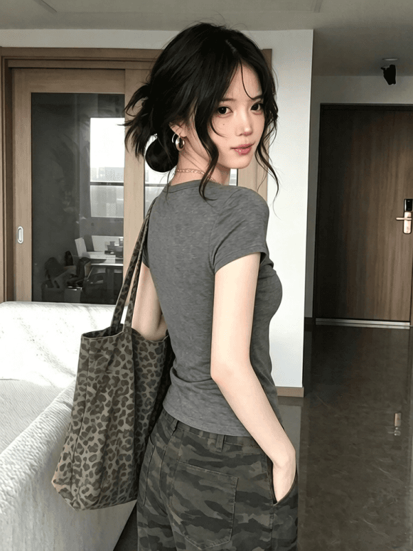 원본 원단 것 회색 V넥 비틀림 긍정적 인 어깨 반팔 티셔츠 여성 여름 핫걸 작은 맨위 상세 이미지 10