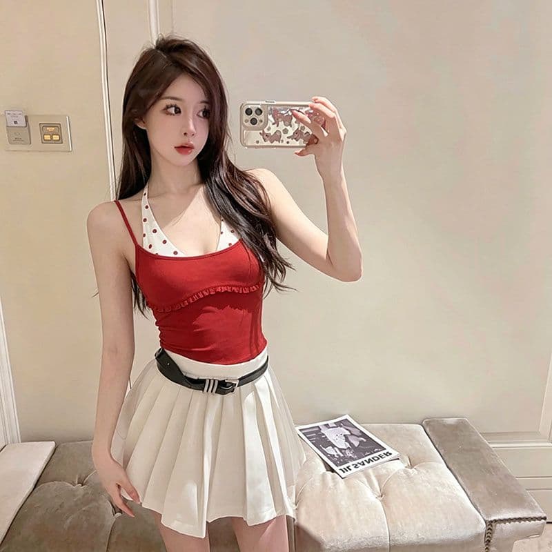 정가 아메리칸 핫걸 패치워크 도트 무늬 행침 목 페이크 레이어드 캐미솔 여름 외출용 민소매 작은 맨위 상세 이미지 6