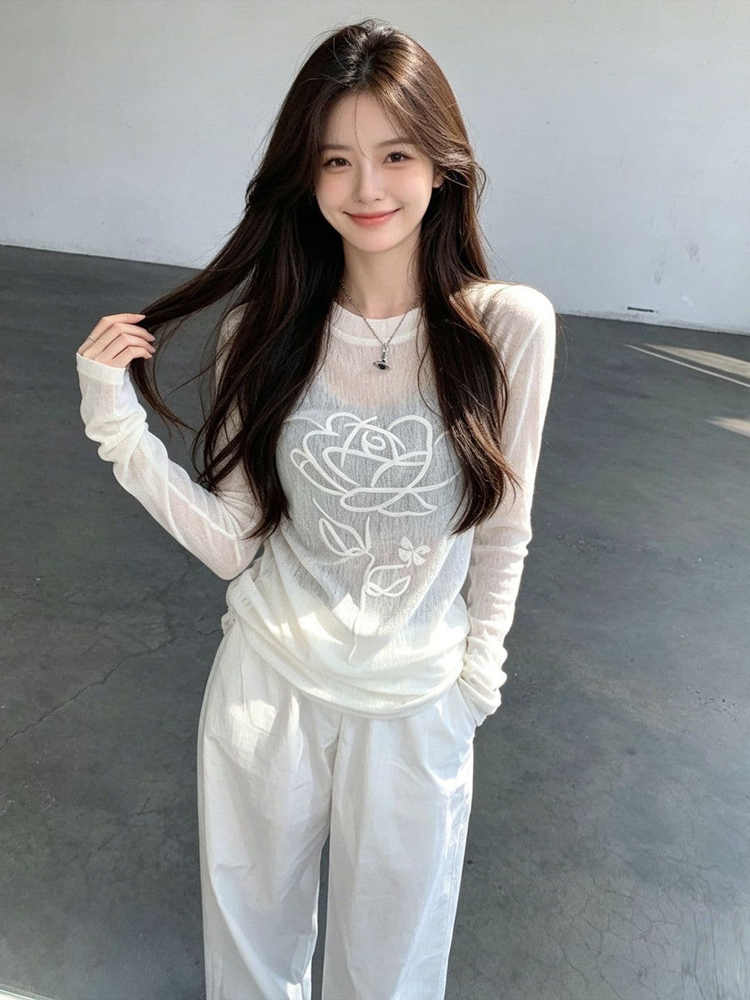 대나무 마디 리브 한 부서 화이트 태양 보호 셔츠 여성 여름 긴팔 마이크로 ~을 통해 3 차원 꽃 얇은 스타일 맨위 상세 이미지 7
