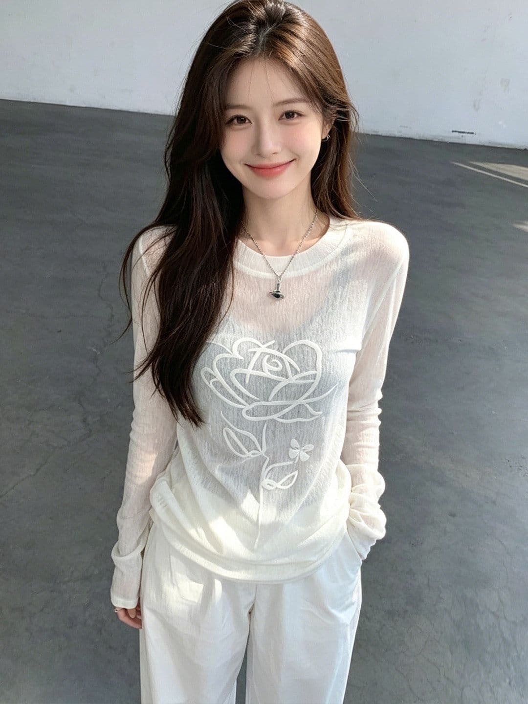대나무 마디 리브 한 부서 화이트 태양 보호 셔츠 여성 여름 긴팔 마이크로 ~을 통해 3 차원 꽃 얇은 스타일 맨위 상세 이미지 9