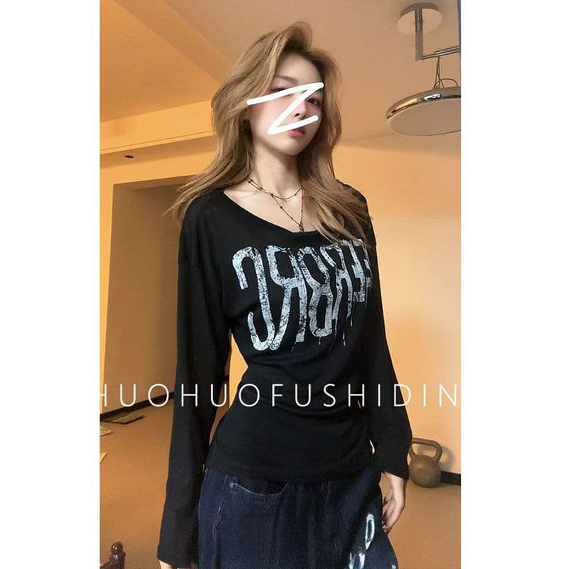 느긋한 바람 루즈핏 알파벳 프린트 긴팔 티셔츠 여성 의류 새로운 여름 한 부서 디자인 센스 캐주얼 맨위 상세 이미지 5