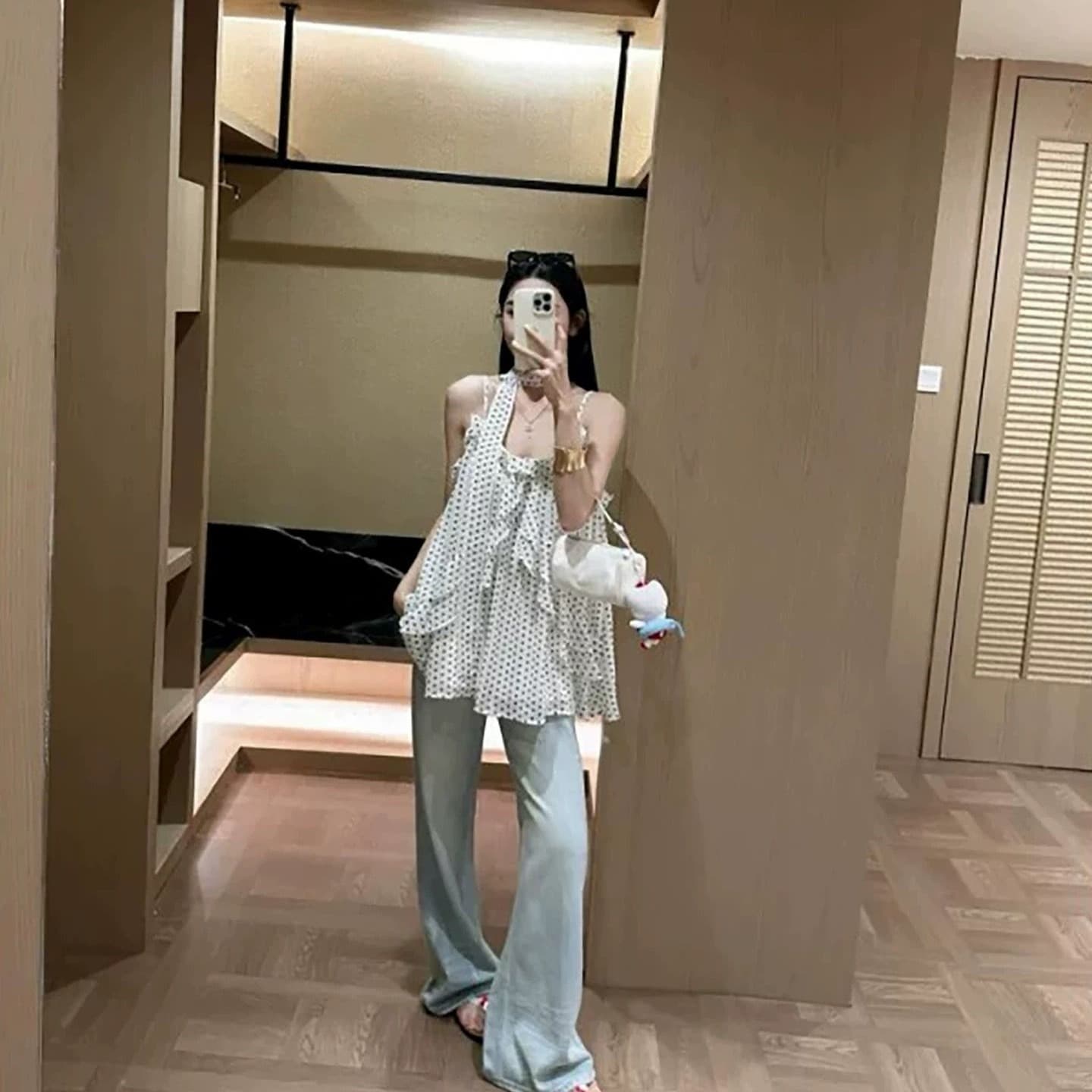 아메리칸 핫걸 도트 무늬 프릴 캐미솔 여름 외출용 경기 행침 목 레이스업 한 부서 쉬폰 루즈핏 맨위 이미지 5