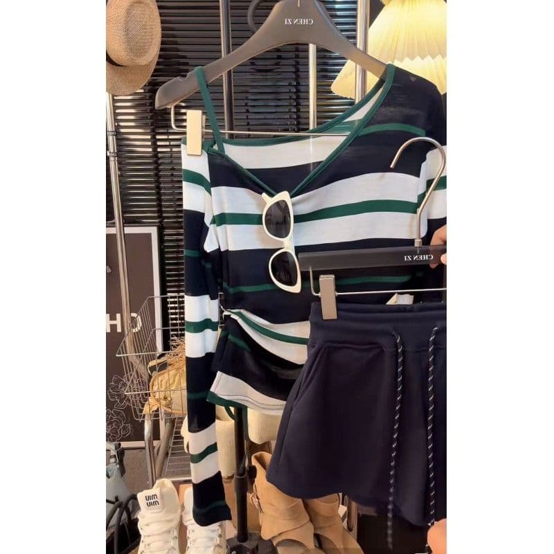 자외선 차단 miu 부서 스트라이프 맨위 긴팔 티셔츠 여성 블라우스 반바지 세트 여성 상세 이미지 7