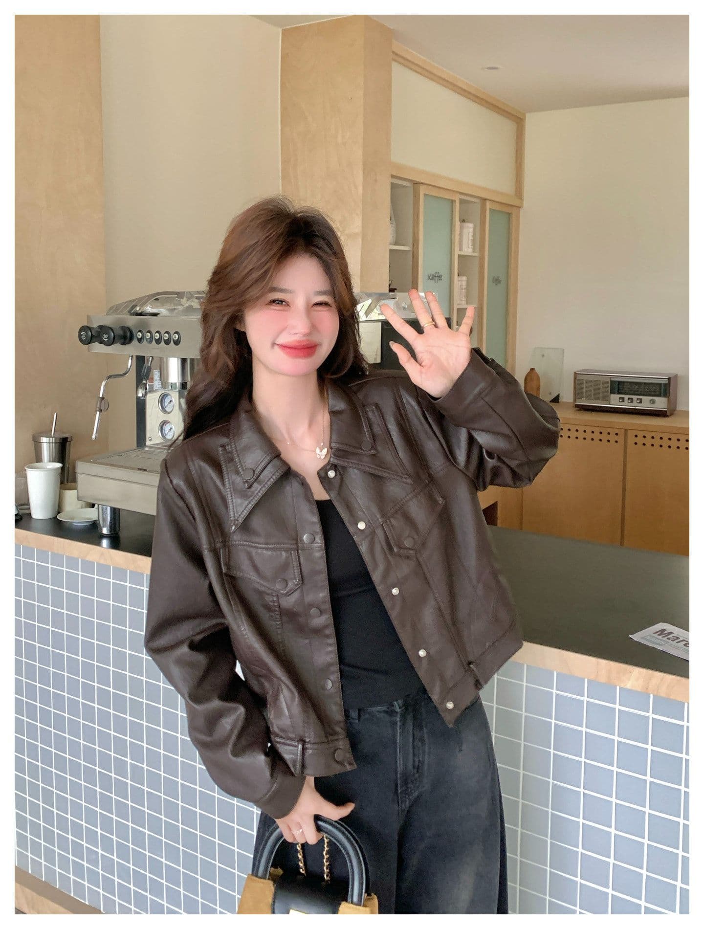 레트로 오토바이 바람 이중층 폴로 칼라 쇼트 스타일 가죽 재킷 여성 2026 가을 새로운 품격 작은 키 가죽 자켓 재킷