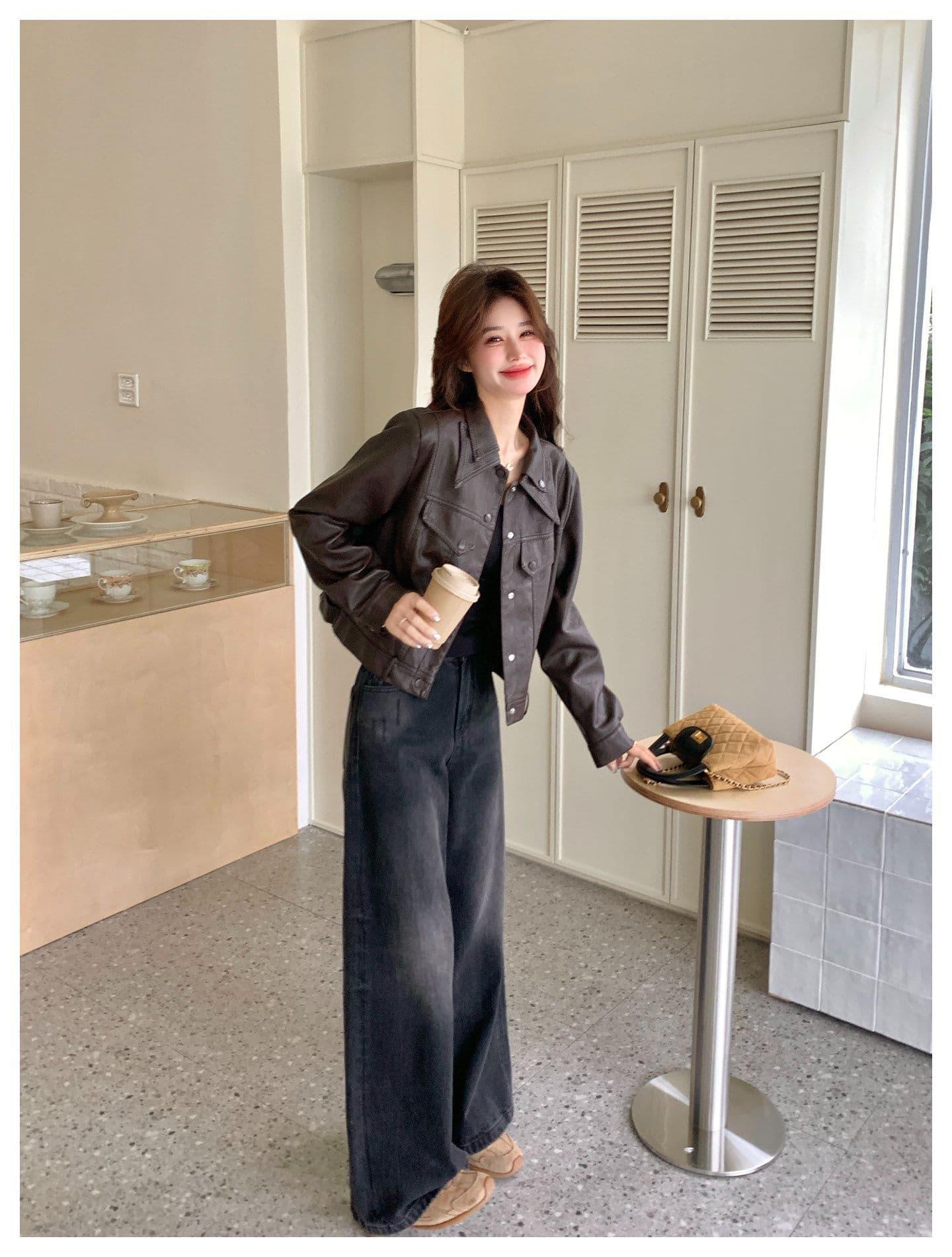 레트로 오토바이 바람 이중층 폴로 칼라 쇼트 스타일 가죽 재킷 여성 2026 가을 새로운 품격 작은 키 가죽 자켓 재킷 상세 이미지 10
