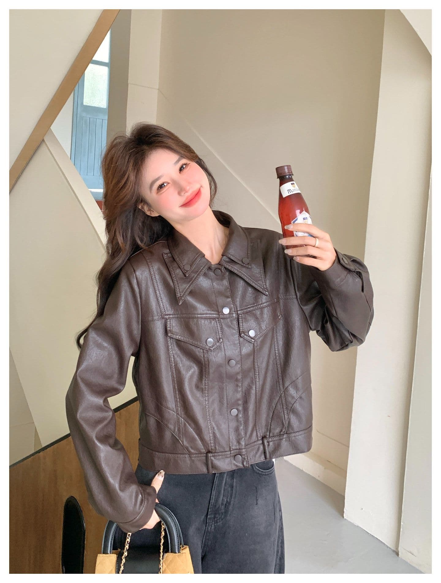 레트로 오토바이 바람 이중층 폴로 칼라 쇼트 스타일 가죽 재킷 여성 2026 가을 새로운 품격 작은 키 가죽 자켓 재킷 상세 이미지 17