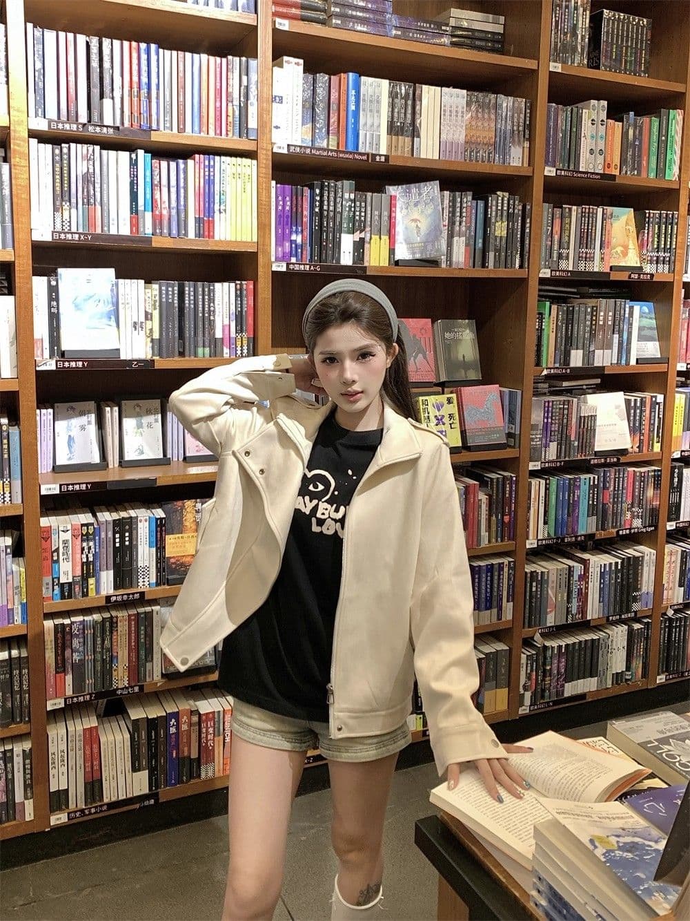 titi 작은 자매 화이트 숙련 된 연인 스웨이드 여성 코트 가을 베이지 색 디자인 센스 오토바이 바람 루즈핏 재킷 상세 이미지 10