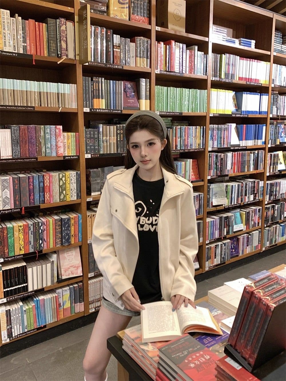 titi 작은 자매 화이트 숙련 된 연인 스웨이드 여성 코트 가을 베이지 색 디자인 센스 오토바이 바람 루즈핏 재킷 상세 이미지 11
