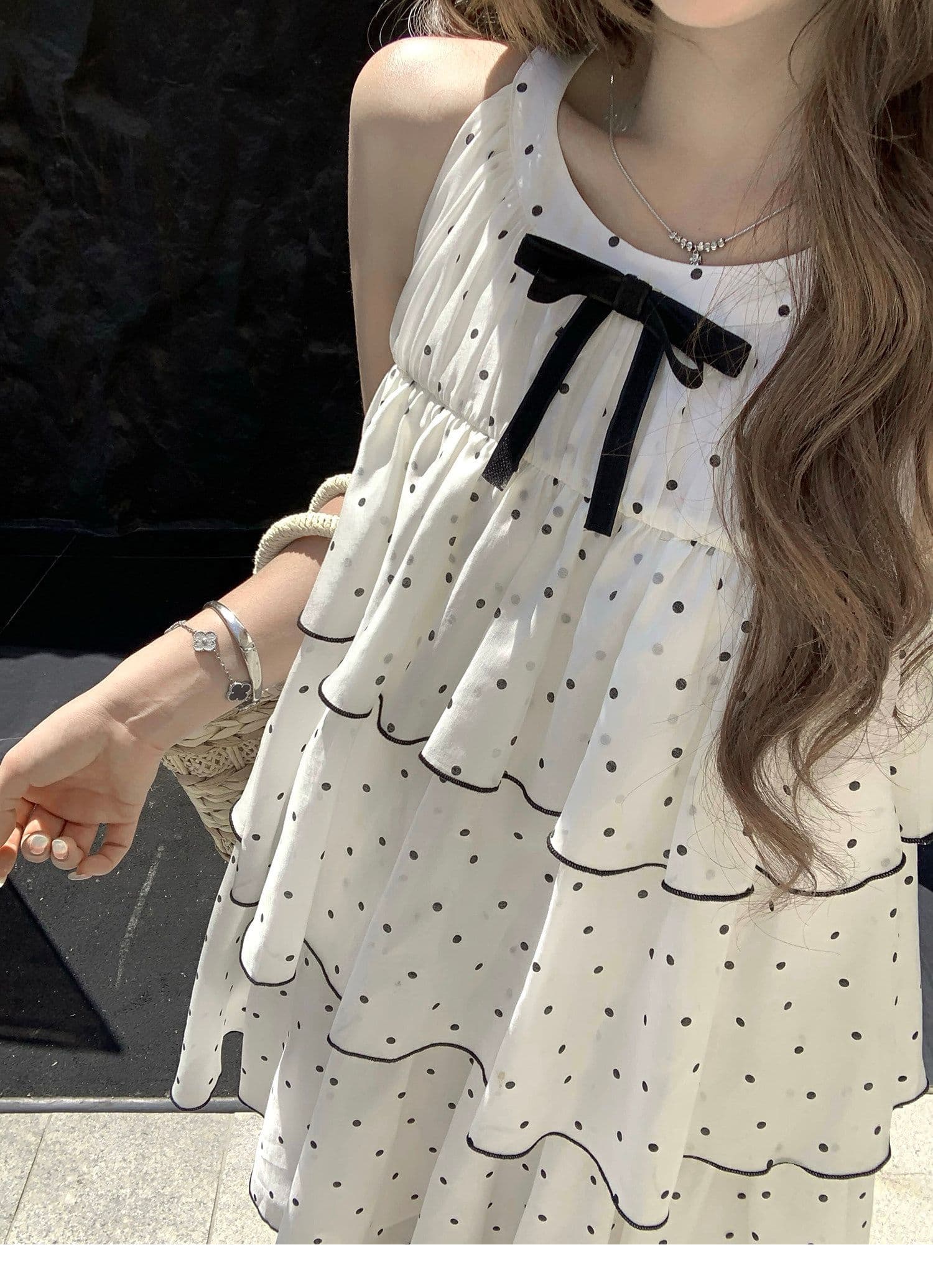 프랑스식 순수한 욕망 행침 목 도트 무늬 케이크 여성 드레스 여름 나비 매듭 민소매 루즈핏 연령 감소 프릴 짧은 치마 상세 이미지 2