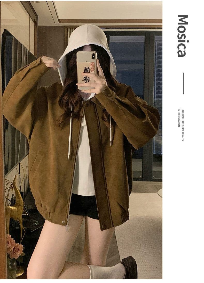 레트로 스웨이드 재킷 여성 2026 가을 아메리칸 루즈핏 폴로 칼라 캐주얼 다용도 재킷 맨위 고급 겉옷 상세 이미지 12