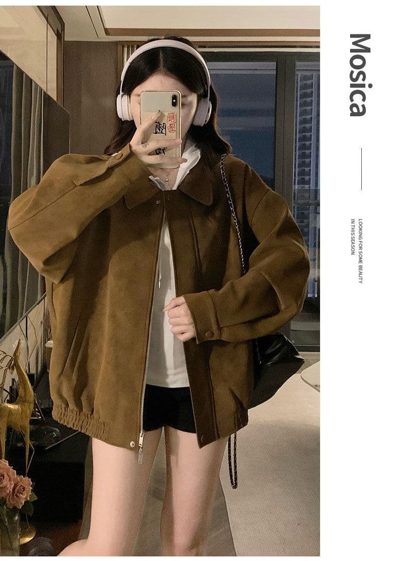레트로 스웨이드 재킷 여성 2026 가을 아메리칸 루즈핏 폴로 칼라 캐주얼 다용도 재킷 맨위 고급 겉옷 상세 이미지 16