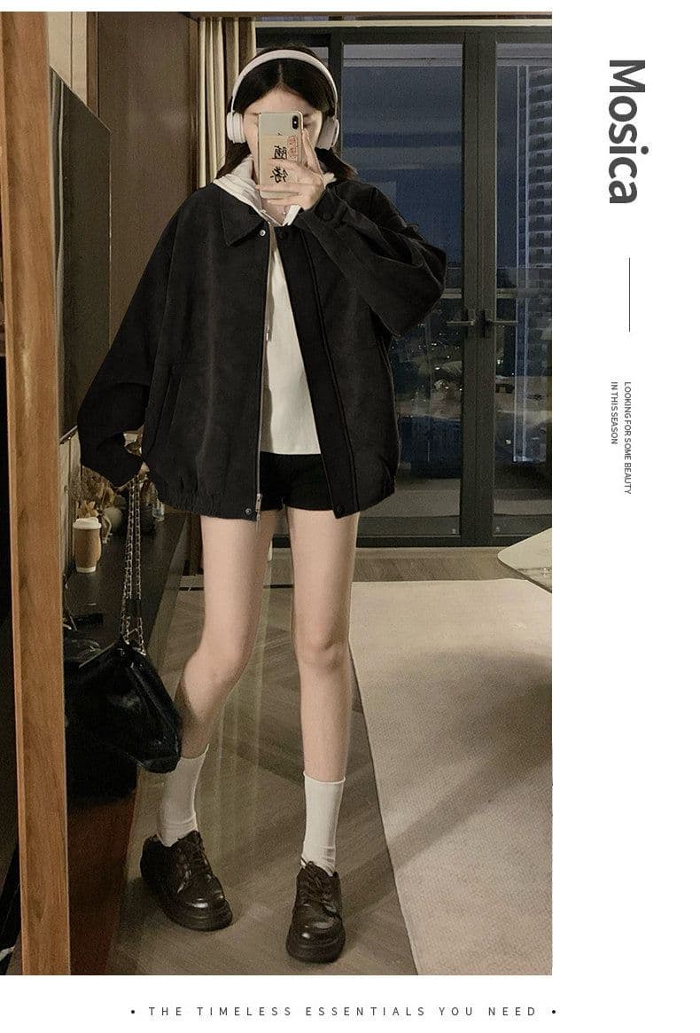 레트로 스웨이드 재킷 여성 2026 가을 아메리칸 루즈핏 폴로 칼라 캐주얼 다용도 재킷 맨위 고급 겉옷 상세 이미지 21