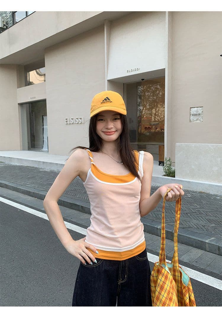 260 그램 사람들 면 주황색 패치워크 페이크 레이어드 캐미솔 여름 핫걸 몸매 가꾸기 민소매 맨위 상세 이미지 3