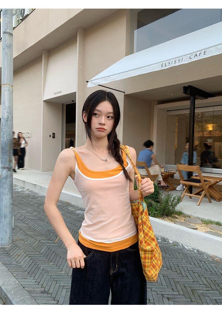 260 그램 사람들 면 주황색 패치워크 페이크 레이어드 캐미솔 여름 핫걸 몸매 가꾸기 민소매 맨위 상세 이미지 9