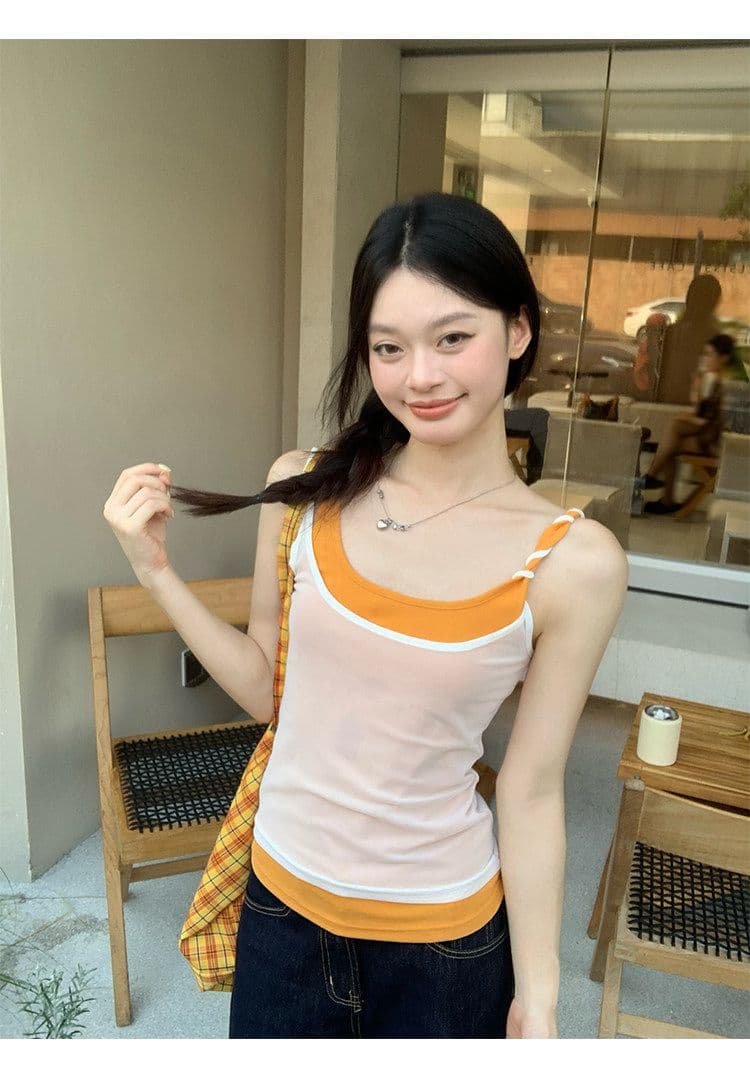 260 그램 사람들 면 주황색 패치워크 페이크 레이어드 캐미솔 여름 핫걸 몸매 가꾸기 민소매 맨위 상세 이미지 13
