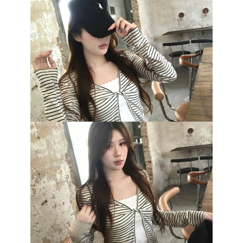 주간 실크 리브 흰색 배경 블랙 스트라이프 페이크 레이어드 긴팔 티셔츠 여성 가을 몸매 가꾸기 슬림해 보이는 쇼트 스타일 맨위 이미지 2