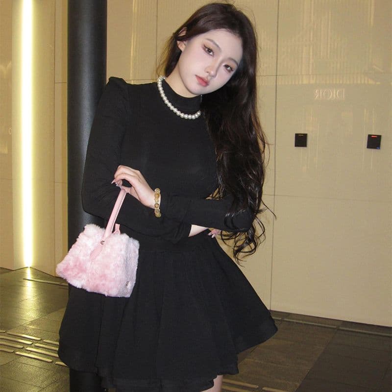 260 그램 사람들 면 리브 3층 치마 하나 그는 벤 바람 검정색 반하이넥 인사이드 가져 가라. 허리 수축 슬림해 보이는 퍼프 스커트