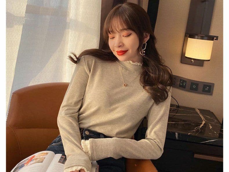 양모 플리스 기본 셔츠 반하이넥 가을 겨울 새로운 긴팔 티셔츠 레이스 인사이드 가져 가라. 새로운 디자인 센스 티셔츠 트렌디 상세 이미지 7