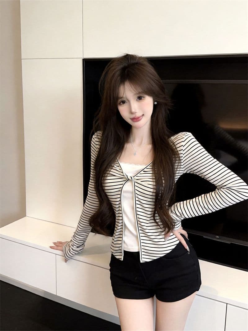 원본 품질 한 부서 핫걸 스트라이프 비틀림 V넥 페이크 레이어드 쇼트 스타일 긴팔 얇은 스타일 외부 가져 가라. 작은 셔츠 상세 이미지 8