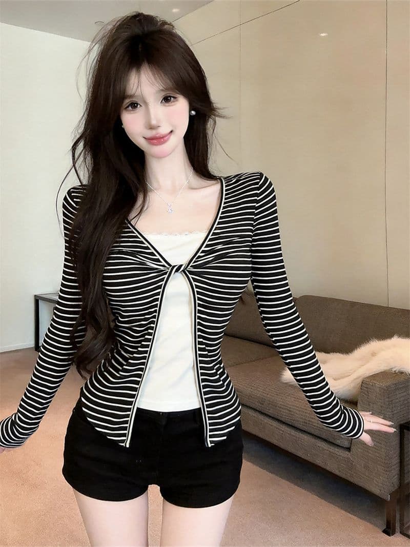 원본 품질 한 부서 핫걸 스트라이프 비틀림 V넥 페이크 레이어드 쇼트 스타일 긴팔 얇은 스타일 외부 가져 가라. 작은 셔츠 상세 이미지 19