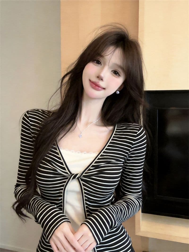 원본 품질 한 부서 핫걸 스트라이프 비틀림 V넥 페이크 레이어드 쇼트 스타일 긴팔 얇은 스타일 외부 가져 가라. 작은 셔츠 상세 이미지 26