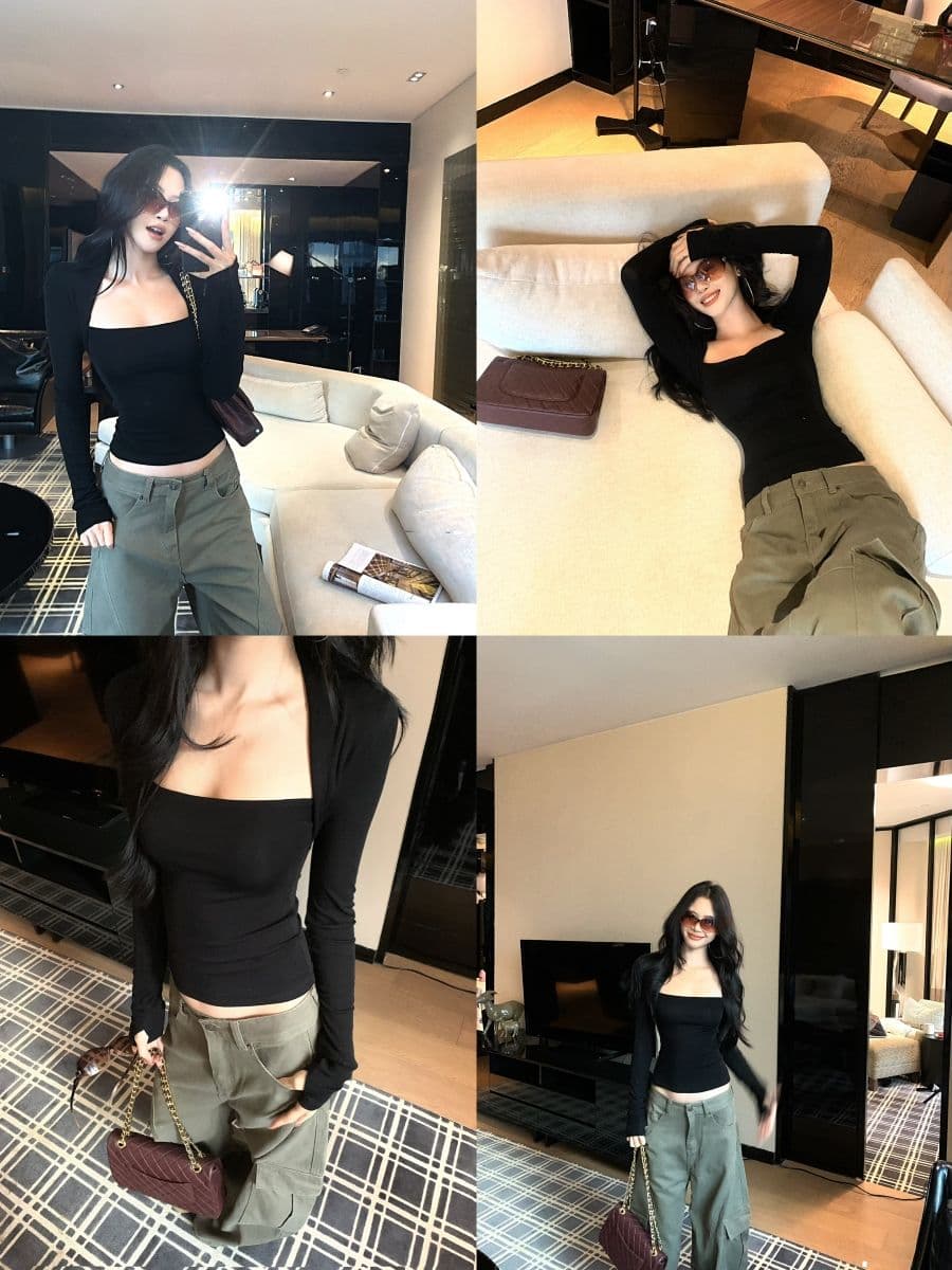 원본 것 이전 너비 이중층 핫걸 검정색 몸매 가꾸기 슬림해 보이는 긴팔 티셔츠 가을 인사이드 잡아라. 의류 여성 상세 이미지 2