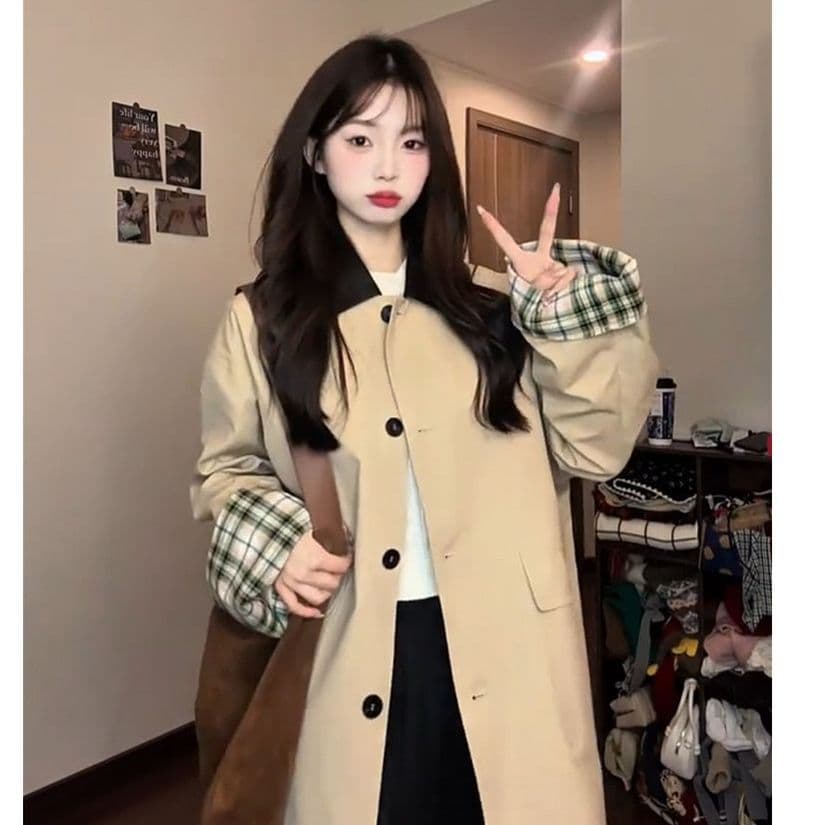 레트로 영국식 바람 체크무늬 패치워크 쇼트 스타일 바람막이 여성 코트 가을 작은 키 루즈핏 디자인 센스 재킷 맨위 이미지 2