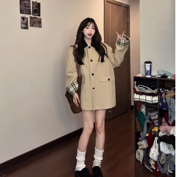 레트로 영국식 바람 체크무늬 패치워크 쇼트 스타일 바람막이 여성 코트 가을 작은 키 루즈핏 디자인 센스 재킷 맨위 이미지 3