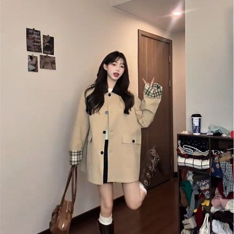 레트로 영국식 바람 체크무늬 패치워크 쇼트 스타일 바람막이 여성 코트 가을 작은 키 루즈핏 디자인 센스 재킷 맨위 이미지 4