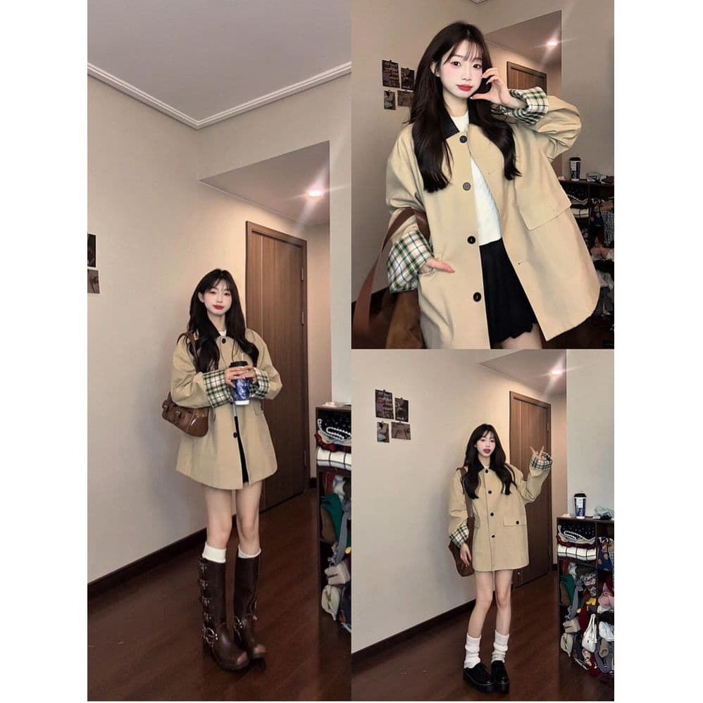 레트로 영국식 바람 체크무늬 패치워크 쇼트 스타일 바람막이 여성 코트 가을 작은 키 루즈핏 디자인 센스 재킷 맨위