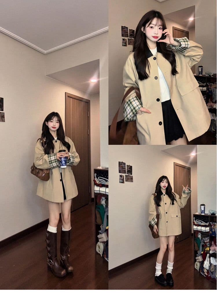 레트로 영국식 바람 체크무늬 패치워크 쇼트 스타일 바람막이 여성 코트 가을 작은 키 루즈핏 디자인 센스 재킷 맨위 상세 이미지 2
